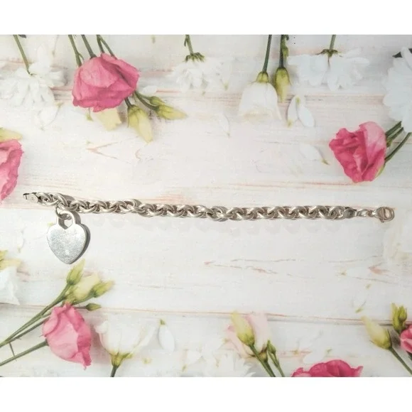 Designer 925 sterling silver cable chain bracelet large Heart charm 7''L signed - Picture 5 of 13